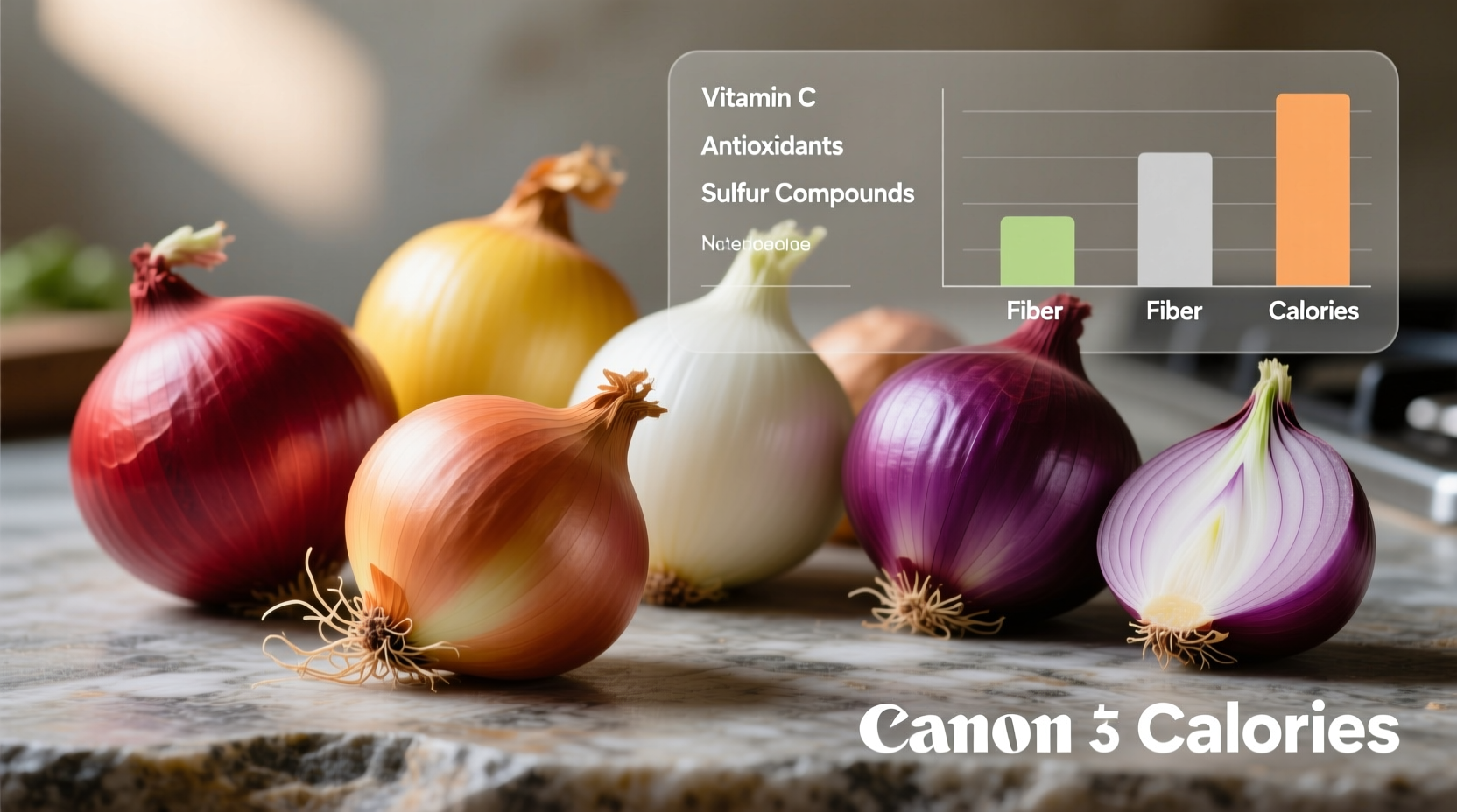 Colorful assortment of onion varieties showing nutritional differences