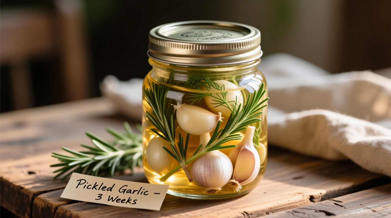 Homemade pickled garlic in mason jar with fresh herbs
