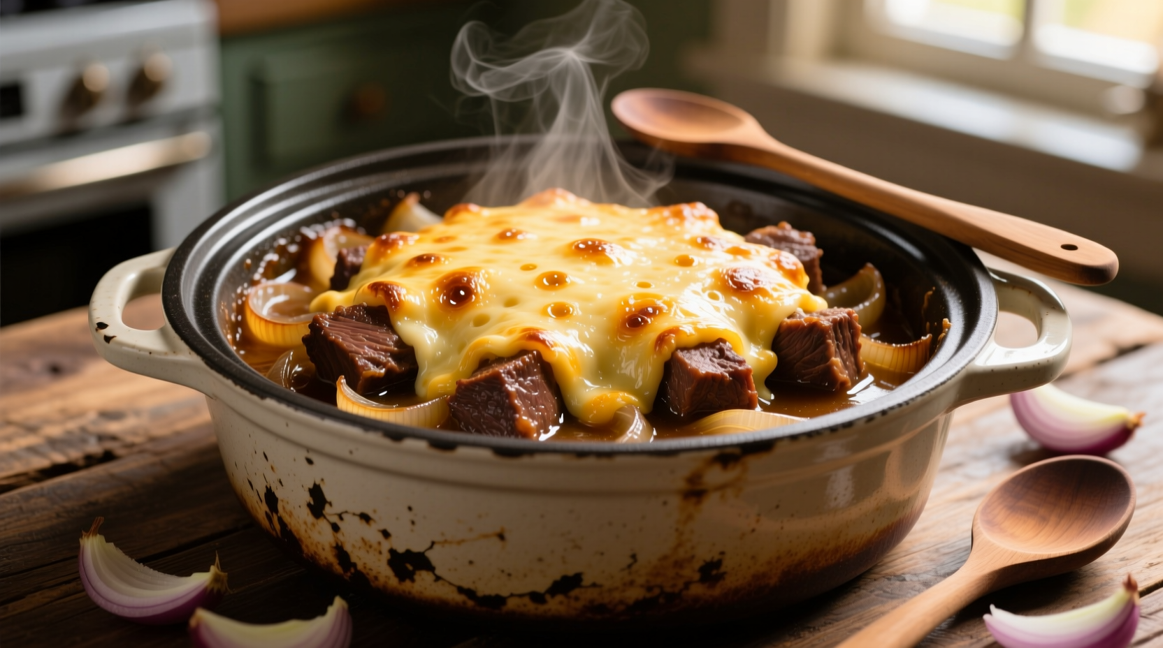 Slow cooker French onion pot roast with melted cheese topping