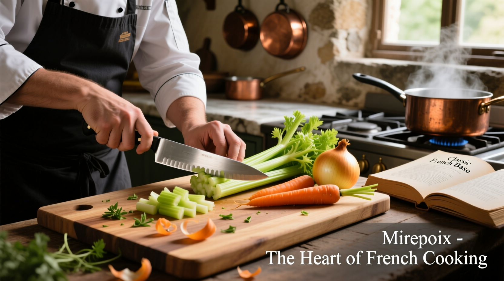 Chef preparing mirepoix with celery onions carrots