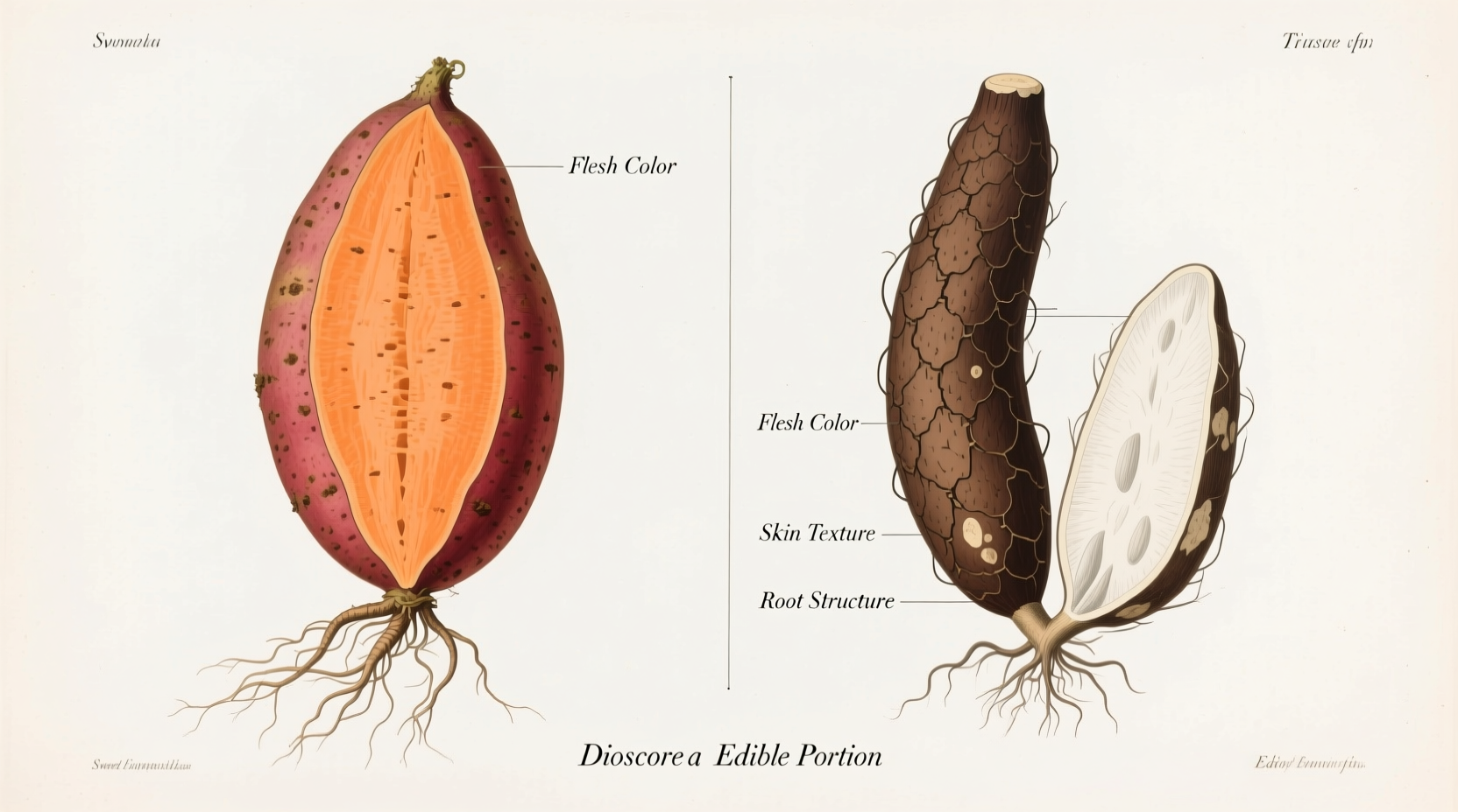 Side-by-side comparison of sweet potato and true yam varieties