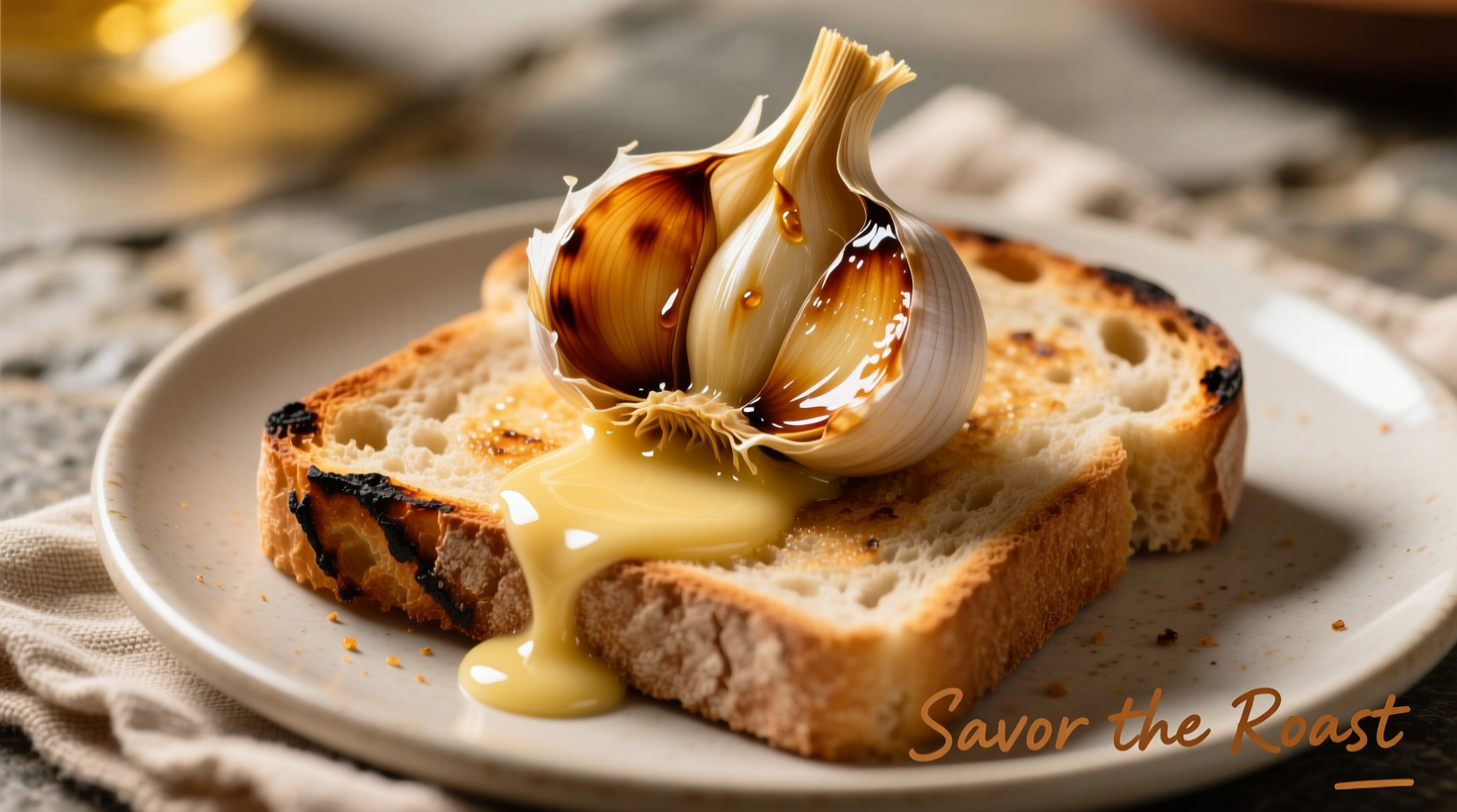 Golden roasted garlic clove squeezed from skin onto toast