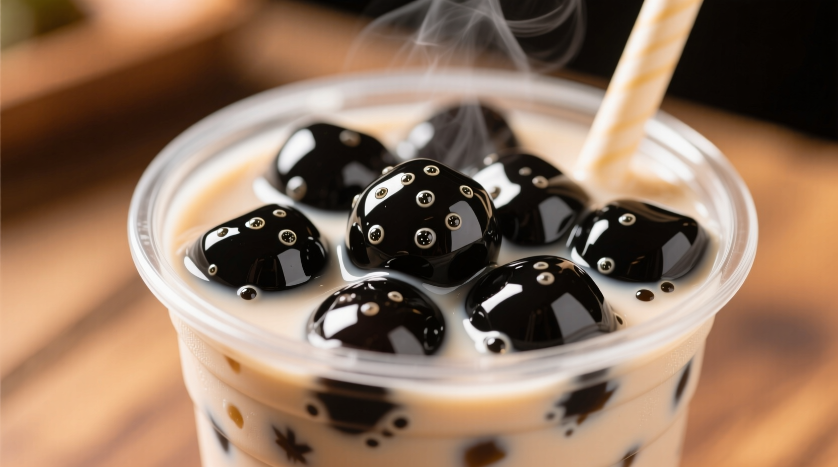 Close-up of black boba pearls in bubble tea
