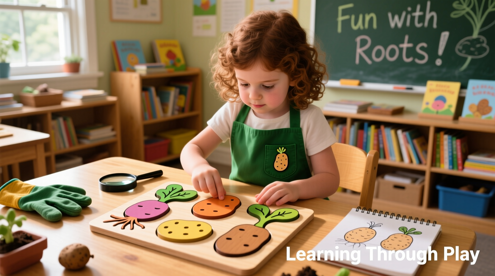 Child solving a potato-themed educational puzzle