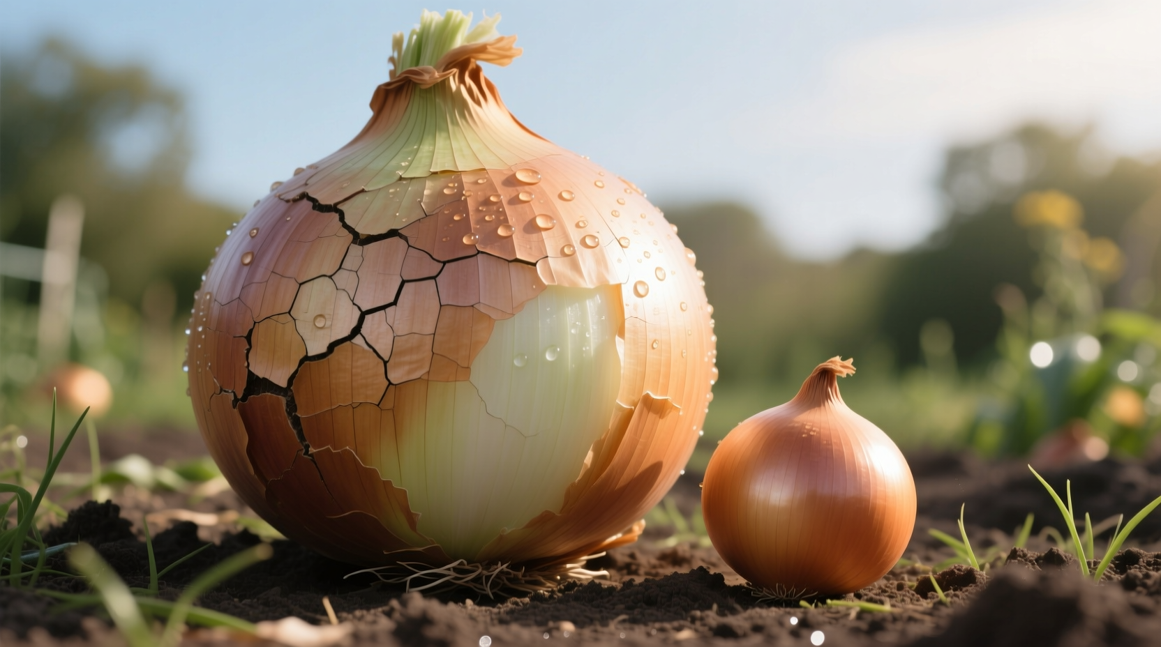 Giant onion next to standard-sized onion for size comparison