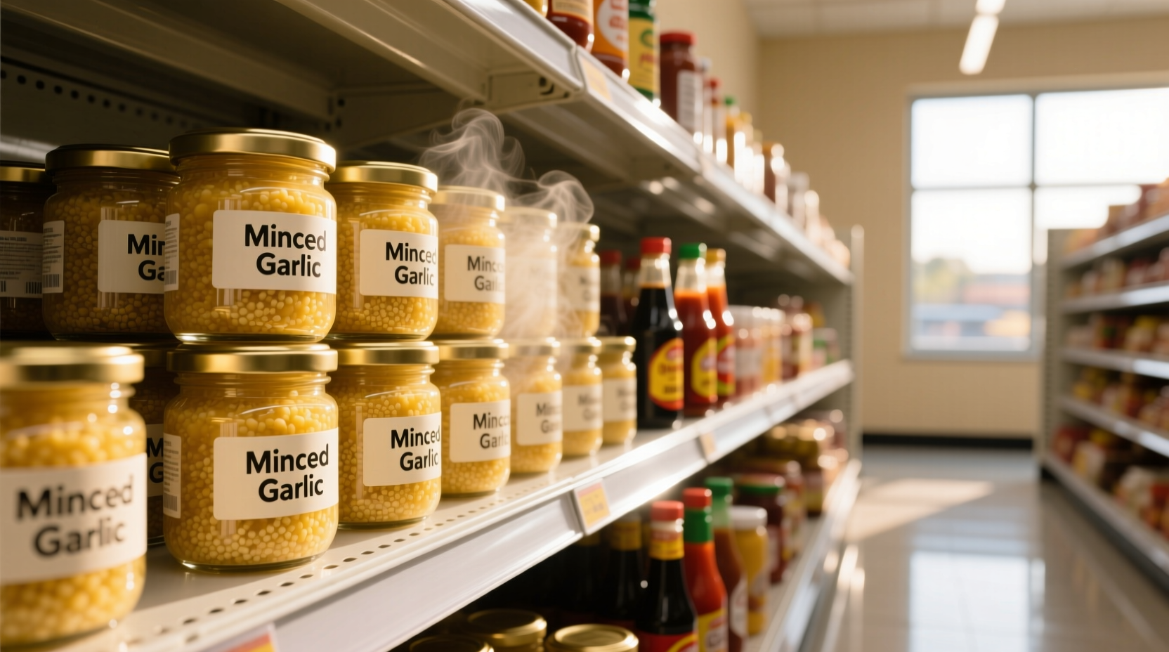 Minced garlic jars in grocery store condiment aisle