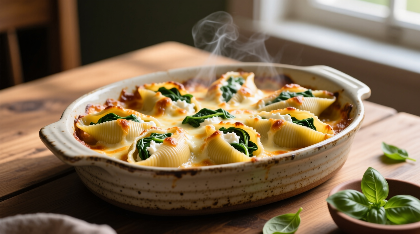 Baked ricotta spinach stuffed shells in ceramic dish