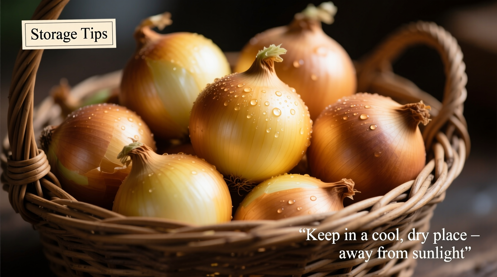 Fresh yellow onions in woven basket with storage tips