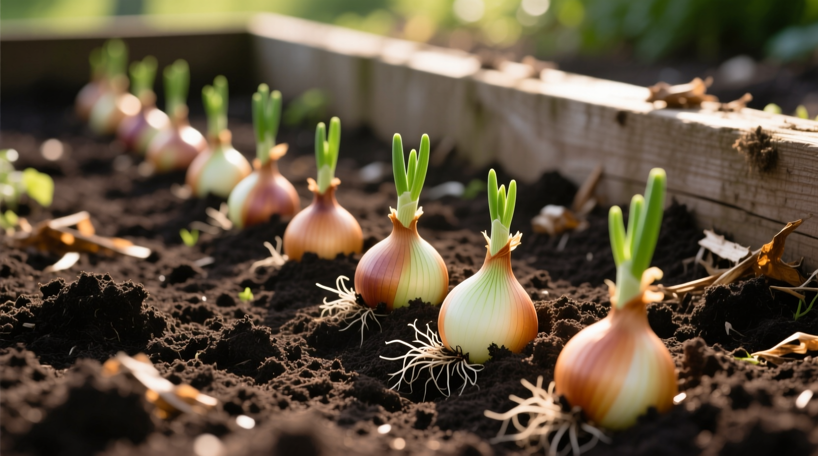 Onion sets planted in garden soil with proper spacing