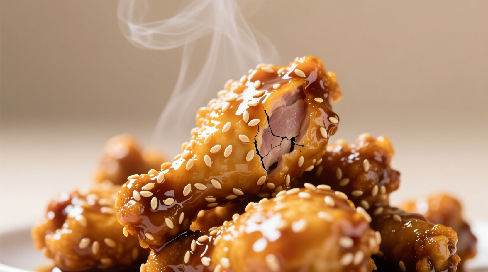 Close-up of sesame chicken sauce clinging to chicken pieces, showing ideal glossy texture without excess seeds