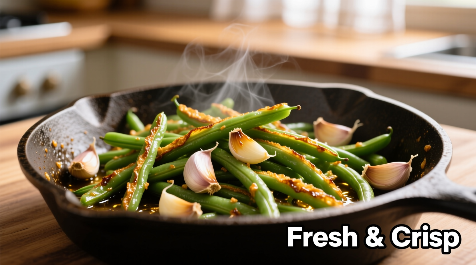 Crisp green beans sautéed with fresh garlic cloves
