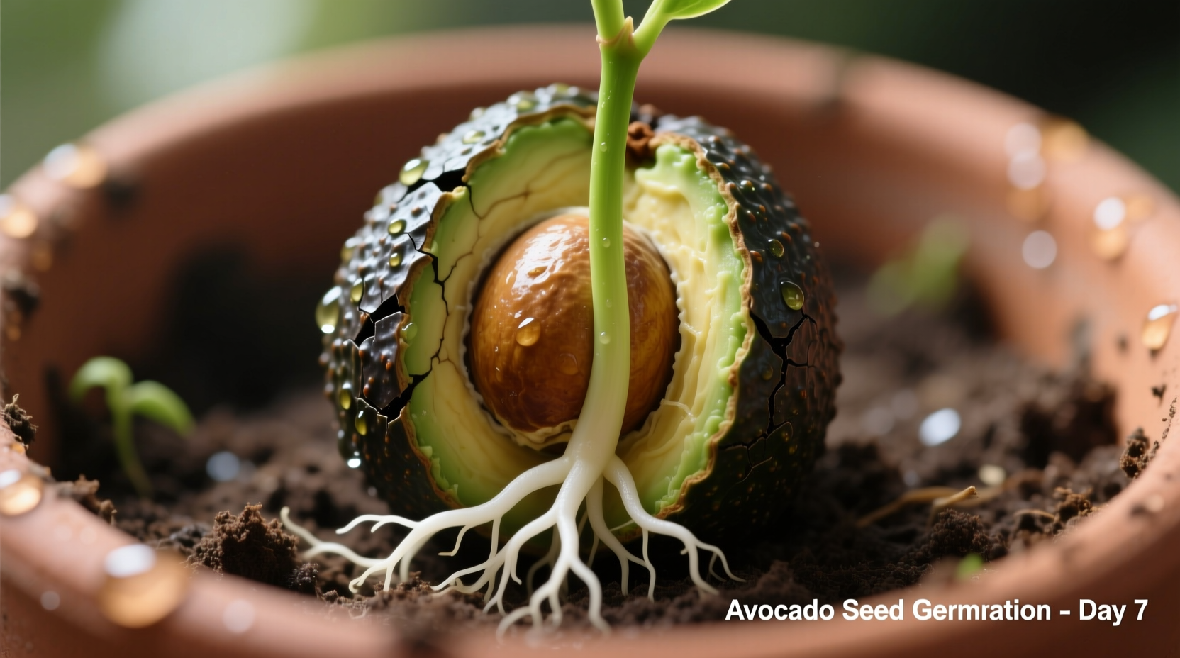 Avocado seed sprouting with roots and stem