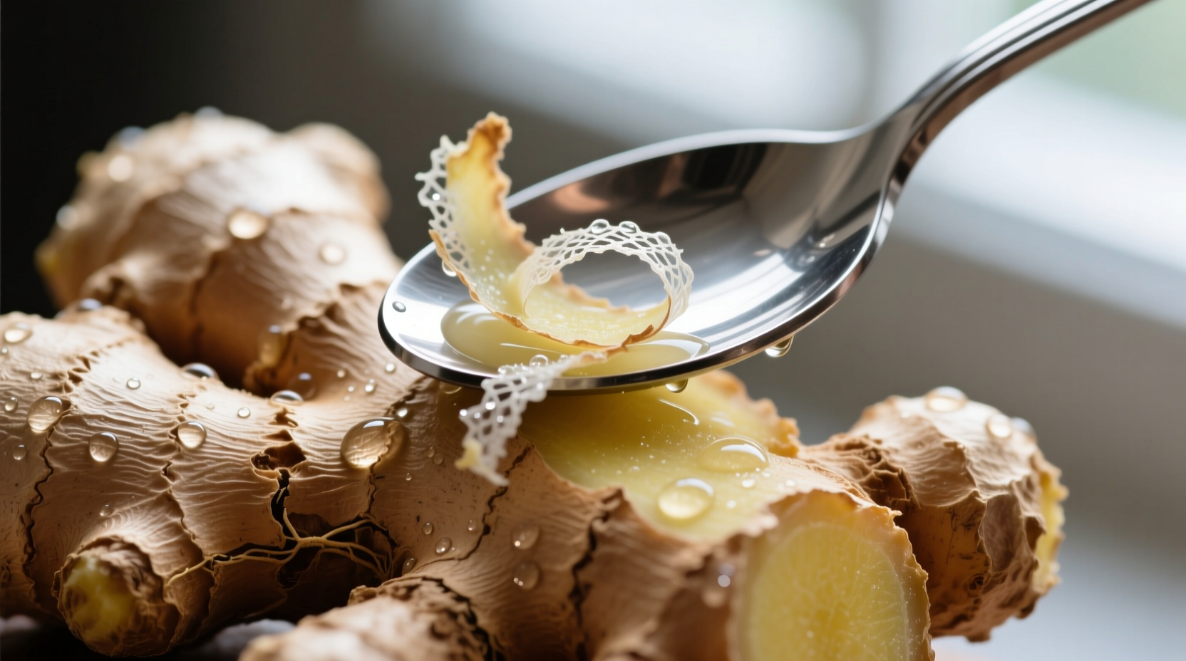 Close-up photo of a hand using the back of a stainless steel teaspoon to gently lift brown ginger skin from a fresh root, revealing moist, pale-yellow flesh underneath—no visible gouges or discoloration.