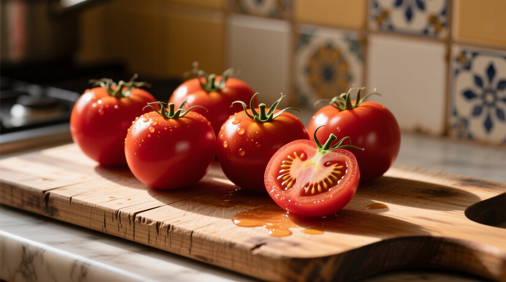 Roma tomatoes on wooden cutting board