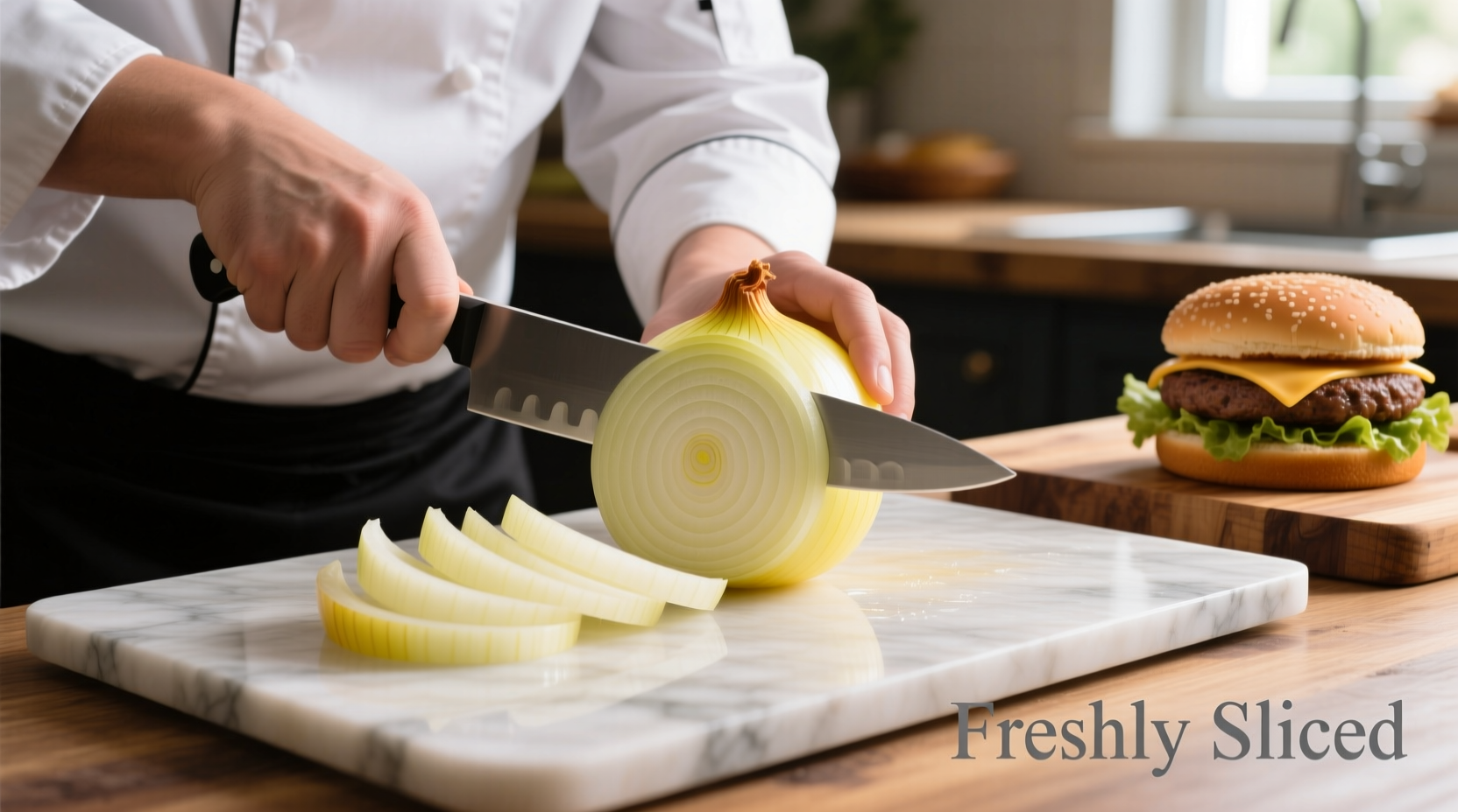 Chef slicing onion into thin half-moons for hamburgers