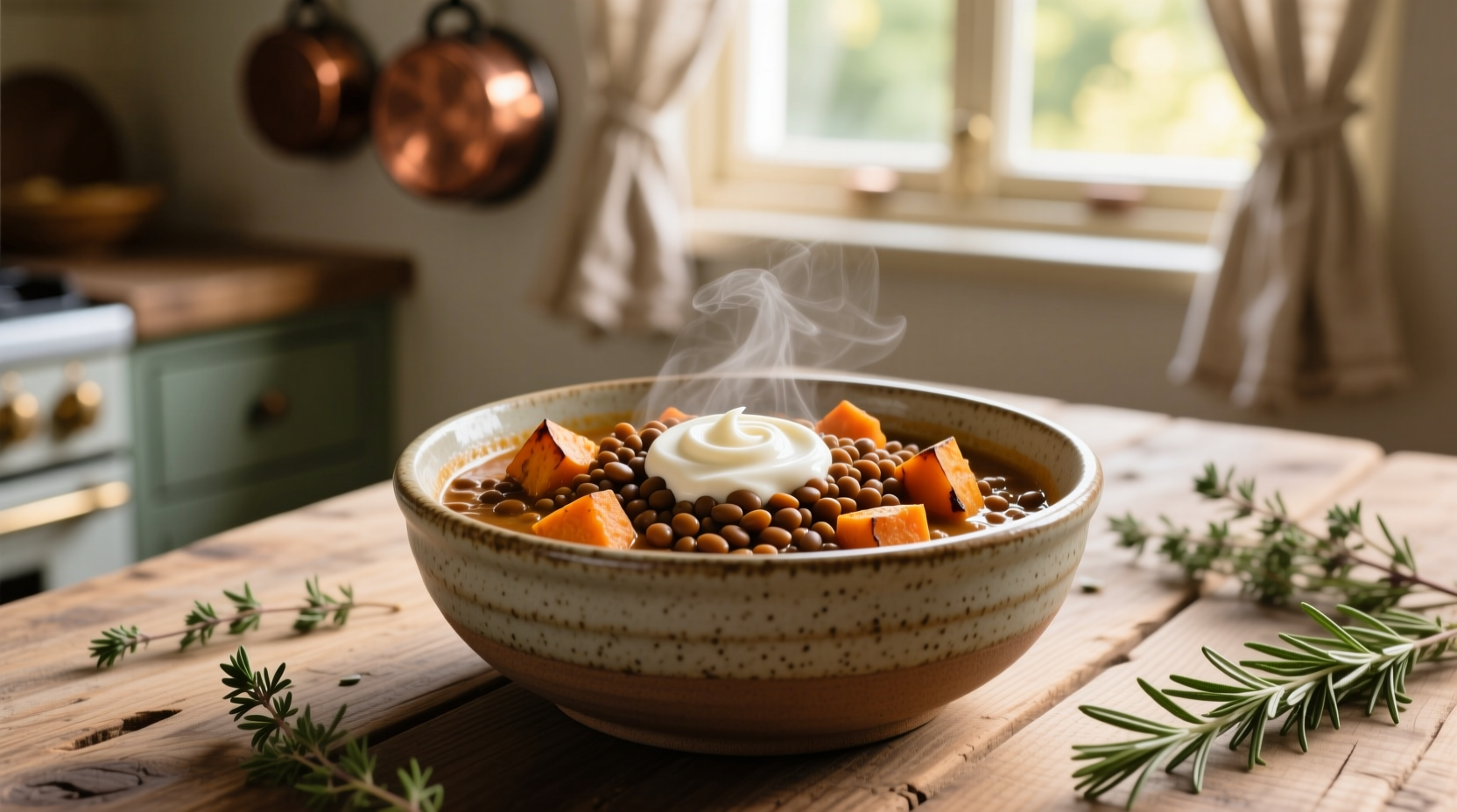 Lentil and sweet potato stew in ceramic bowl