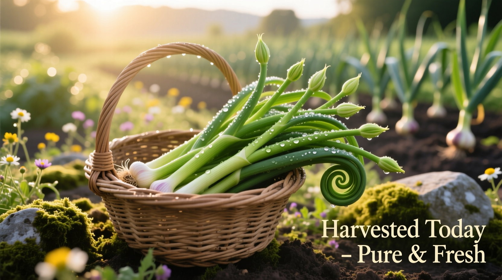 Freshly harvested garlic scapes in a garden basket