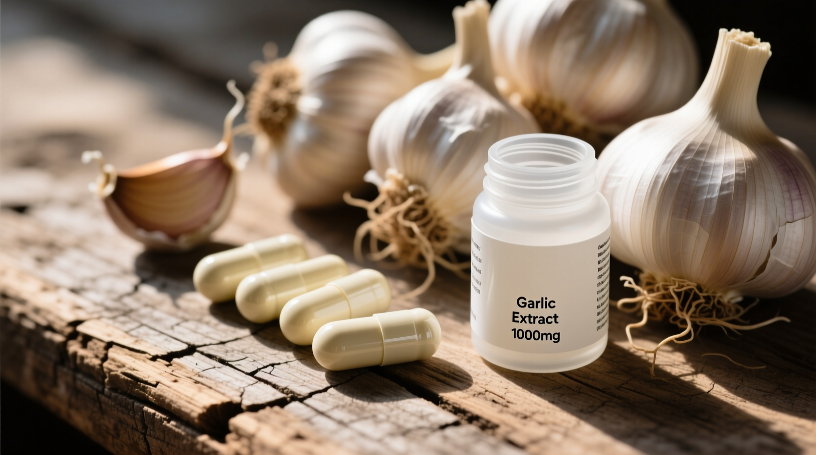 Garlic supplement capsules beside fresh garlic cloves on rustic wood