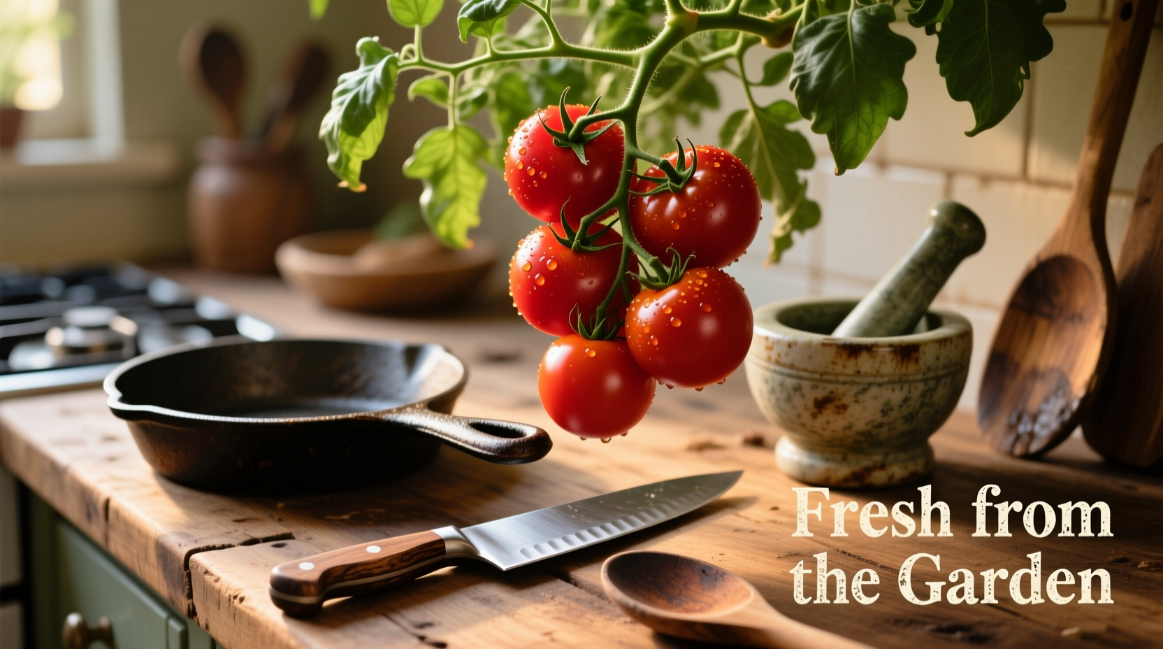 Ripe plum tomatoes on vine with kitchen tools