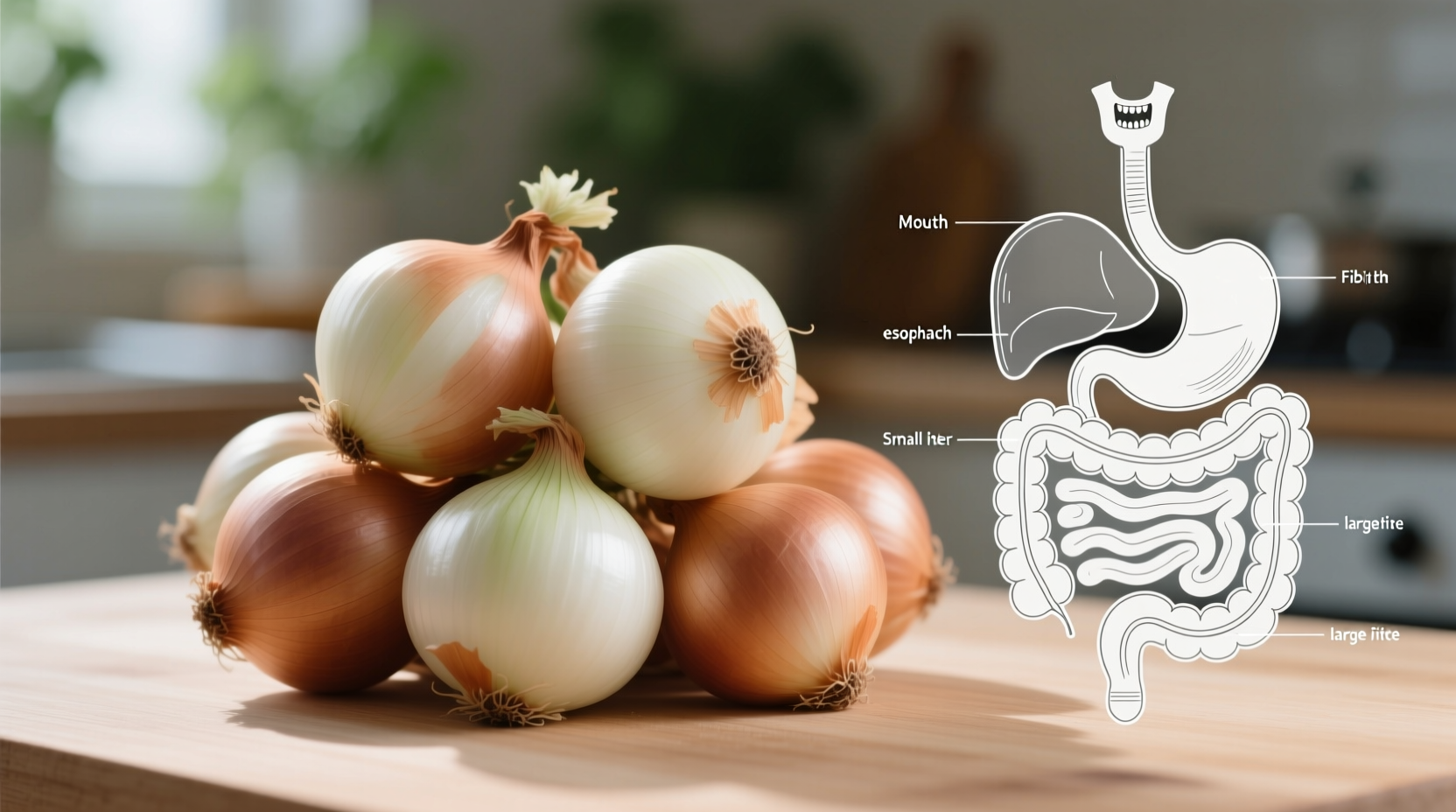 Fresh onions with digestive system diagram