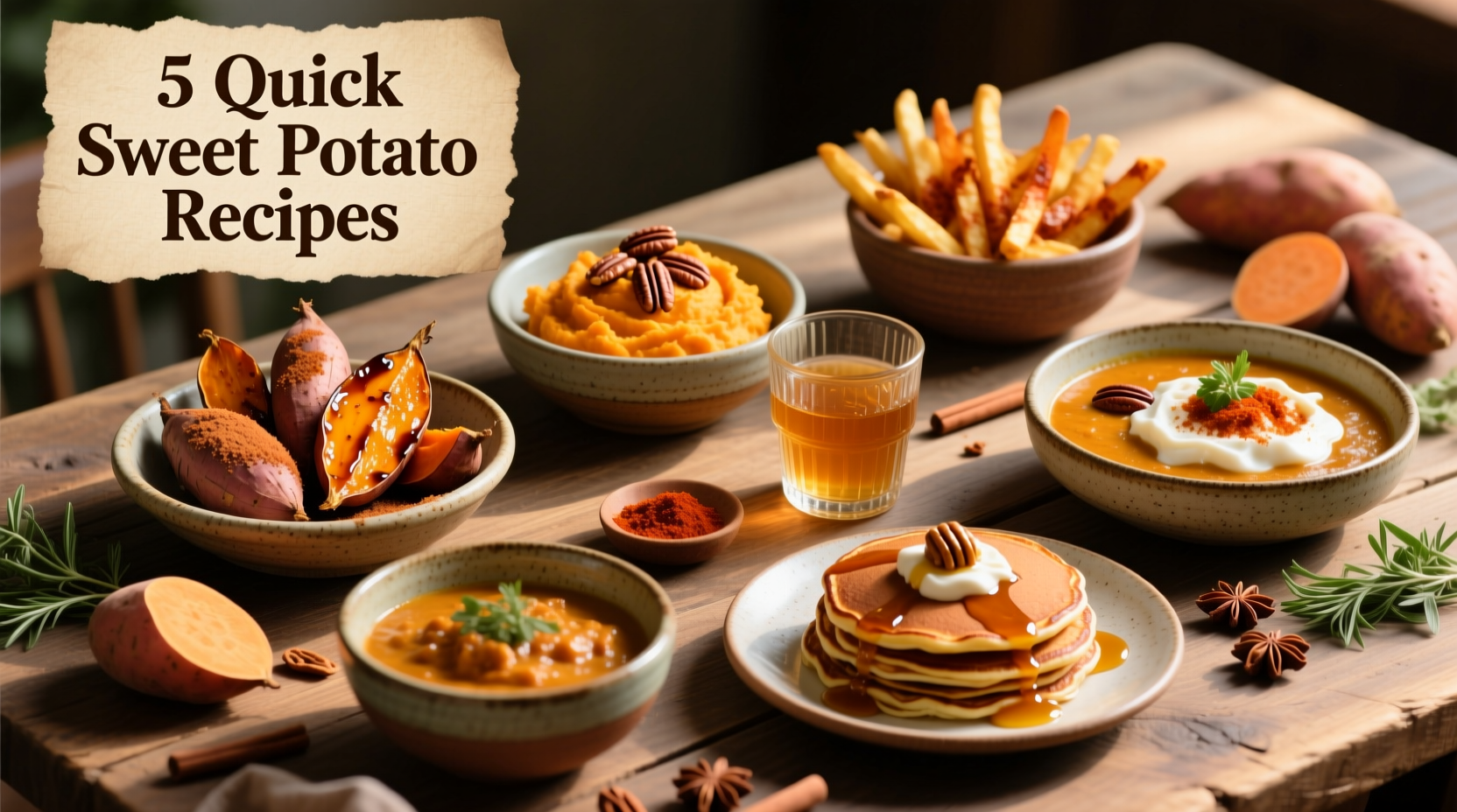 Five quick sweet potato recipes arranged on wooden table