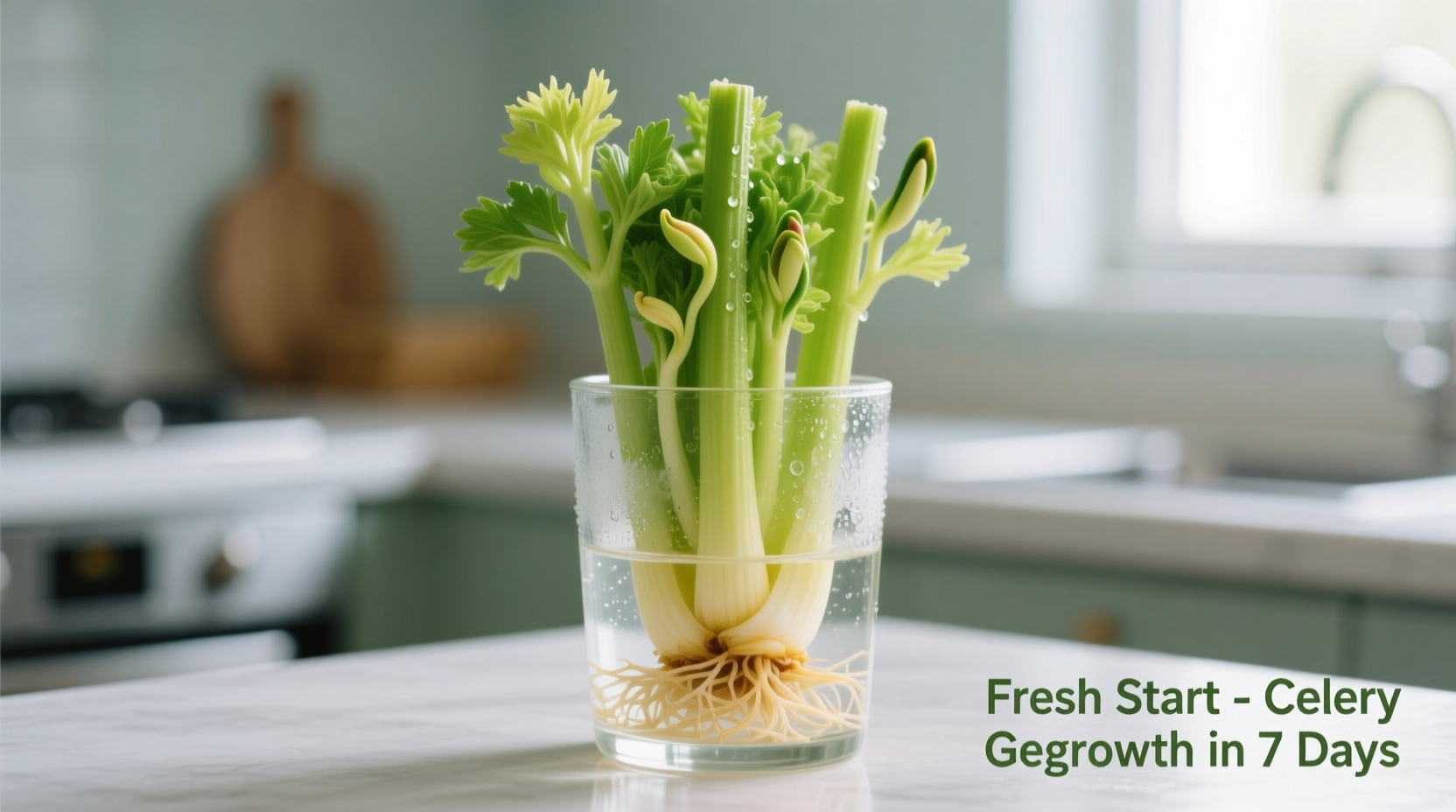 Celery regrowth in glass container showing new shoots