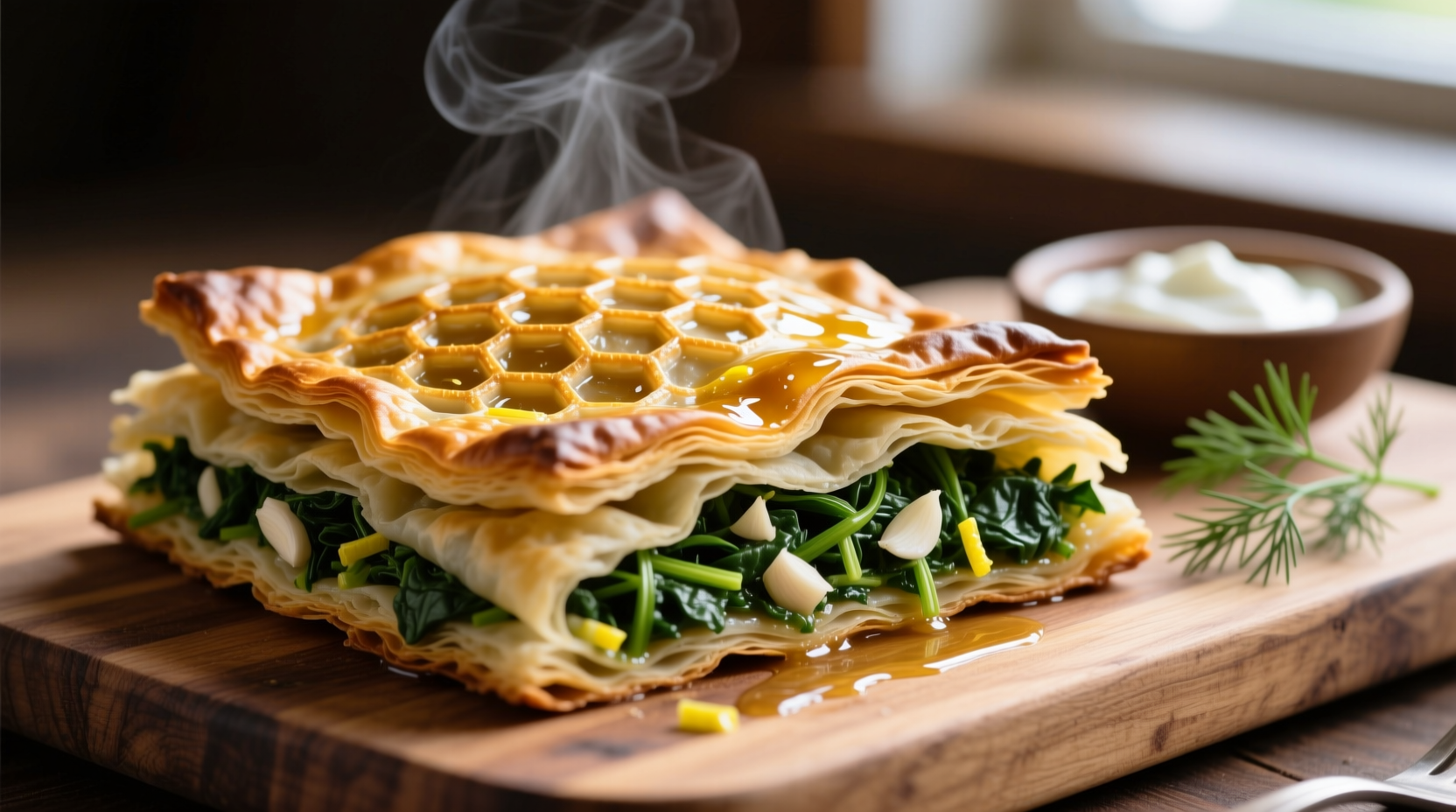 Fresh spinach borek golden pastry layers