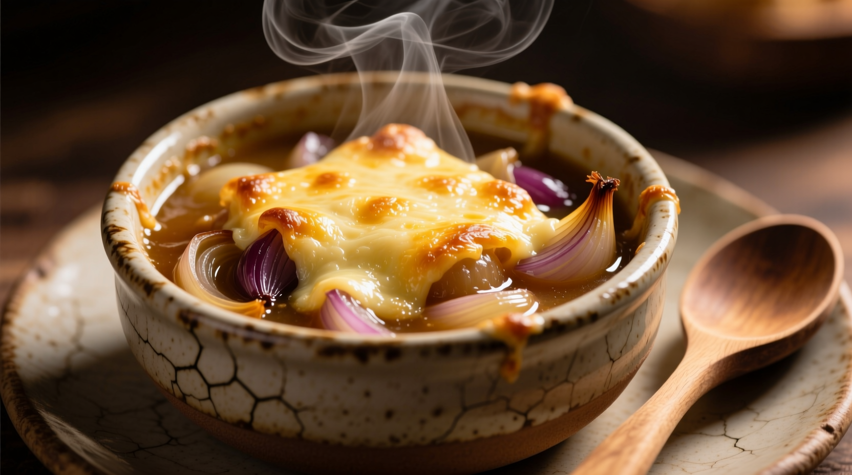 Golden French onion soup in ceramic bowl with melted cheese