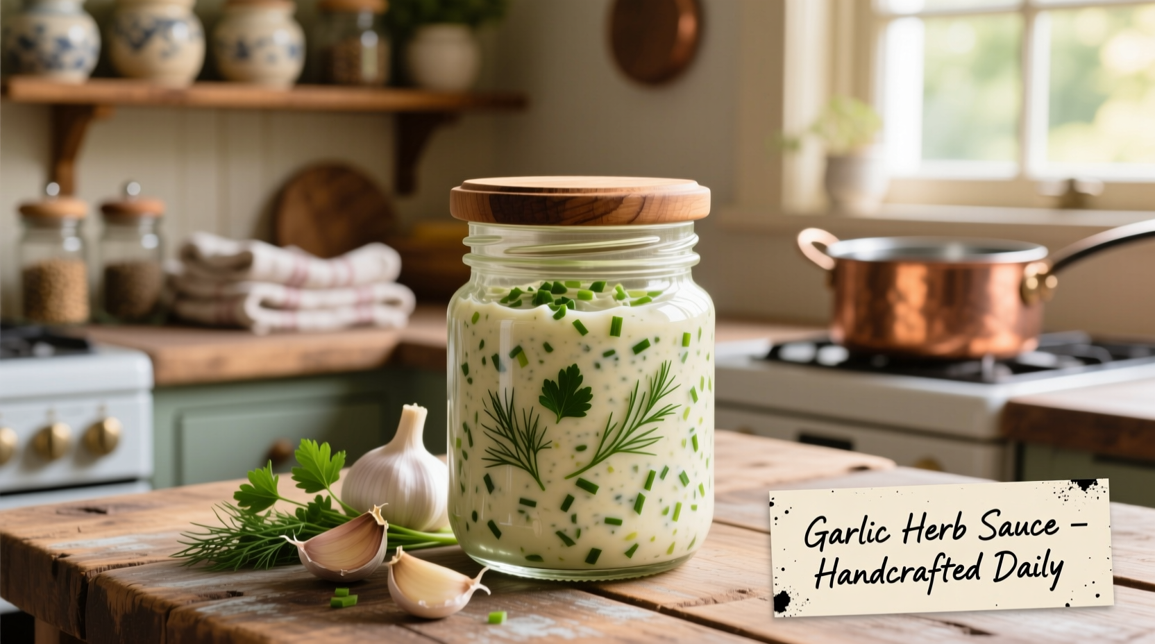 Homemade garlic sauce in glass jar with fresh herbs