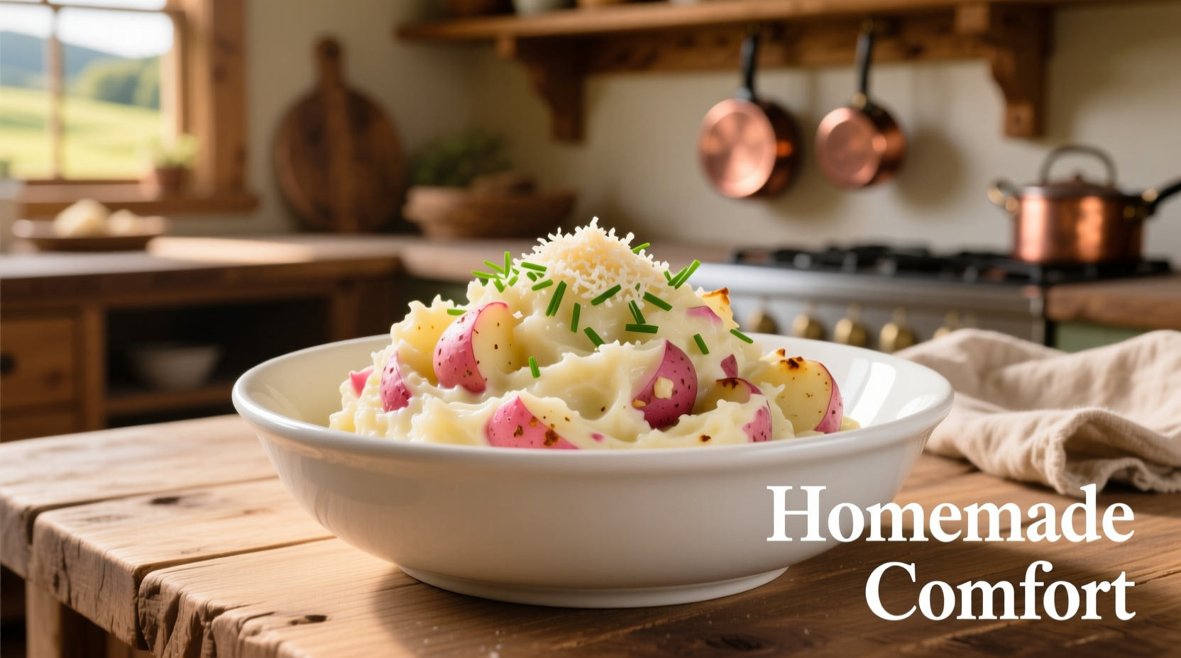 Creamy garlic red mashed potatoes in white bowl
