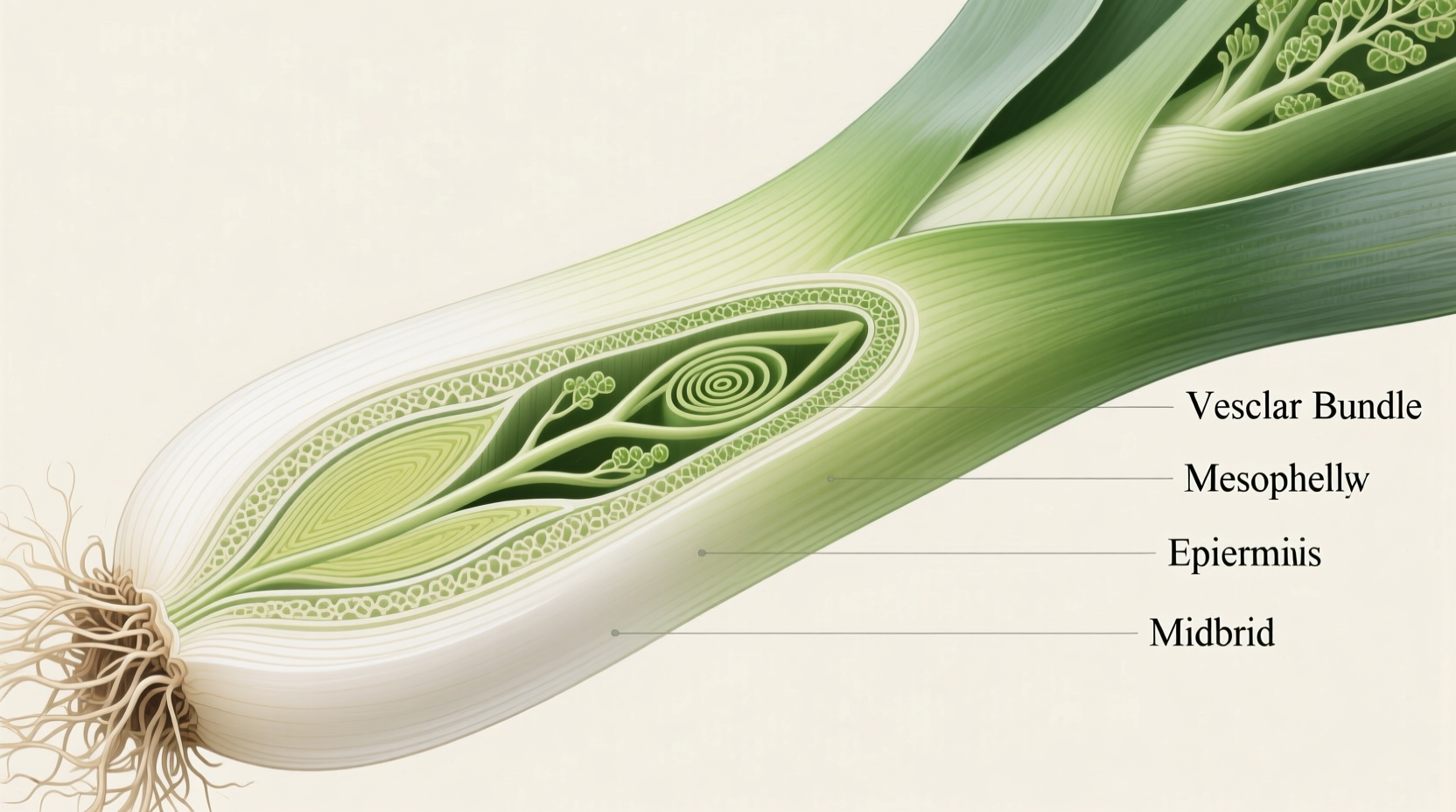 Detailed cross-section of leek anatomy showing white base and green leaves