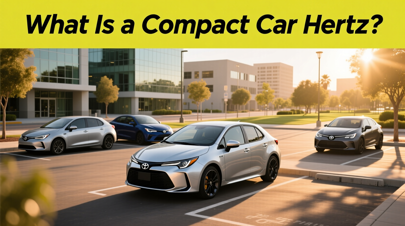 Side view of Hertz compact car lineup including Ford Focus and Nissan Versa at rental facility