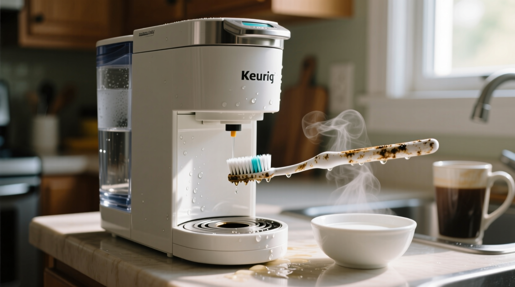 clean your keurig coffee maker with vinegar and a tooth