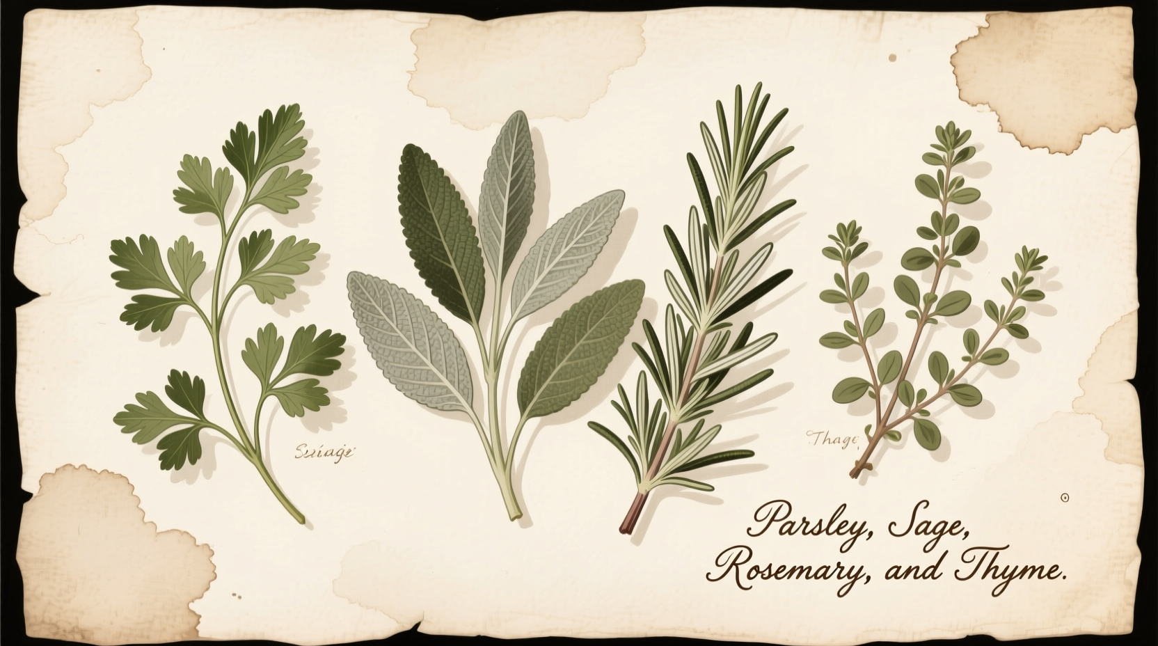 Vintage illustration of parsley, sage, rosemary and thyme