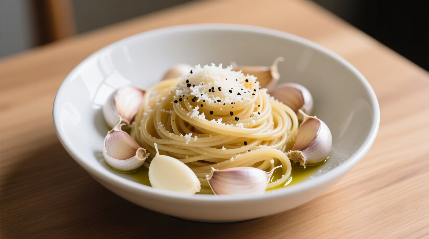 Fresh garlic cloves and spaghetti in white bowl