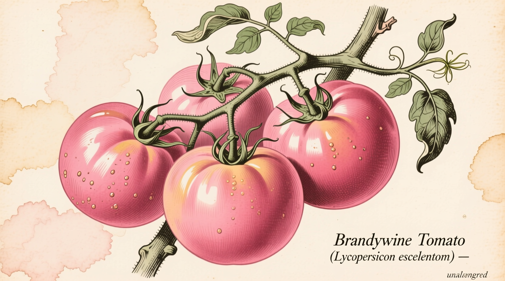 Ripe Brandywine tomatoes on vine with characteristic pink coloration