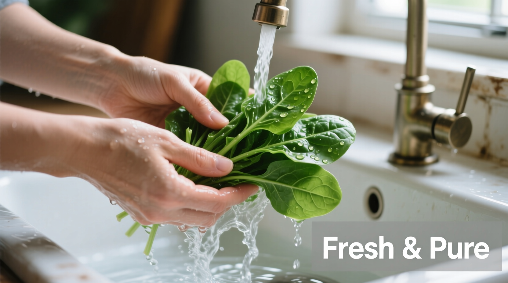Hands washing fresh spinach in clear water