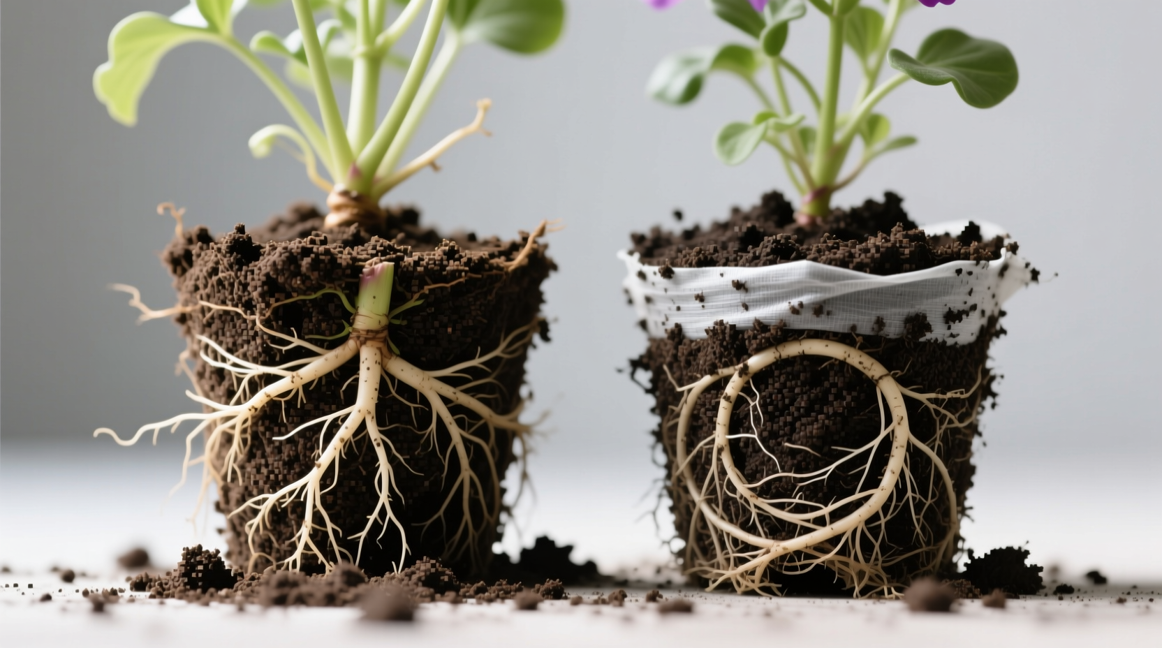 Side-by-side comparison of healthy flower roots in loose soil vs. circling roots trapped by landscape fabric