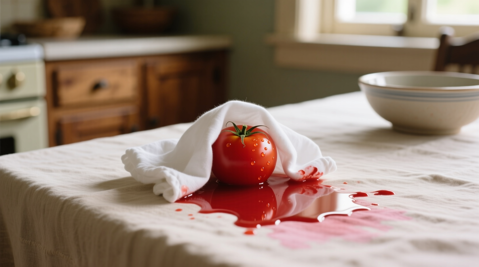 Hand blotting tomato stain with white cloth
