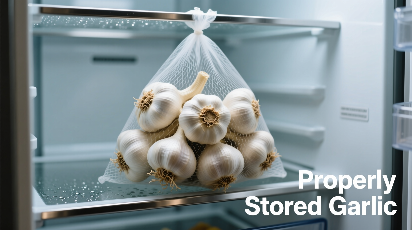 Properly stored garlic in mesh bag inside refrigerator