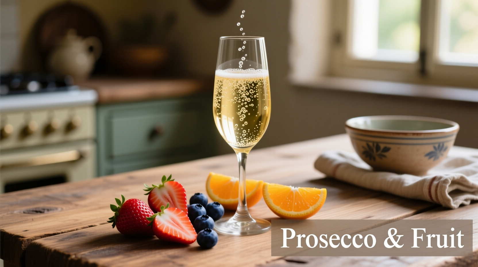 Glass of Prosecco with fresh fruit garnish