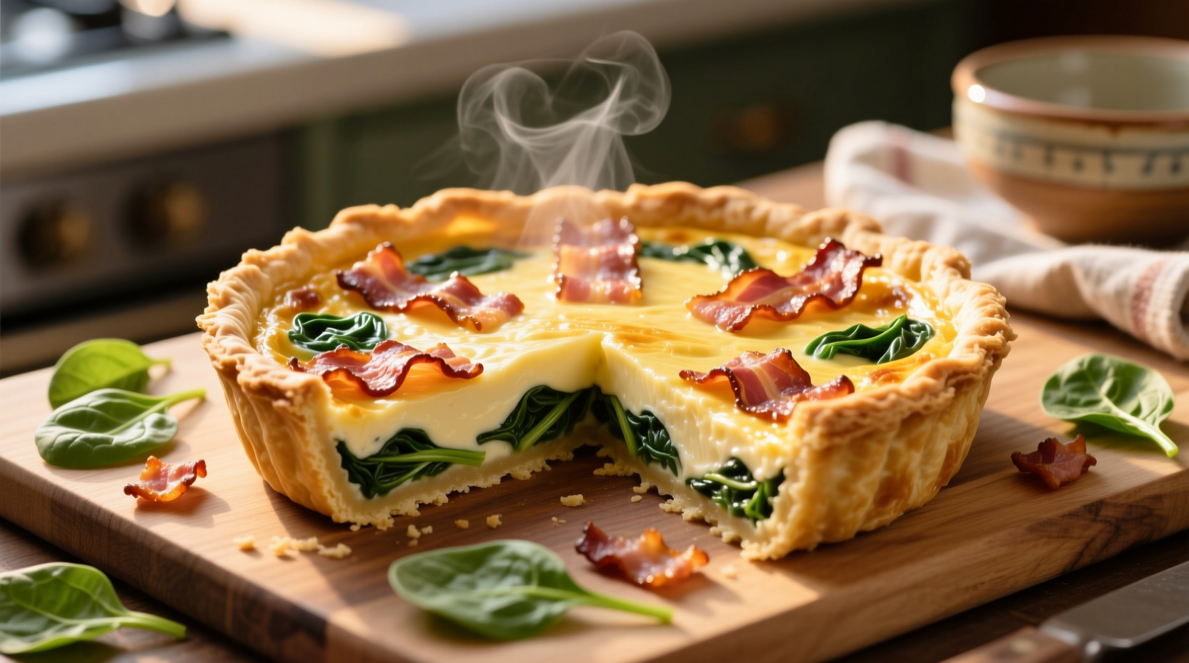 Golden bacon spinach quiche with flaky crust
