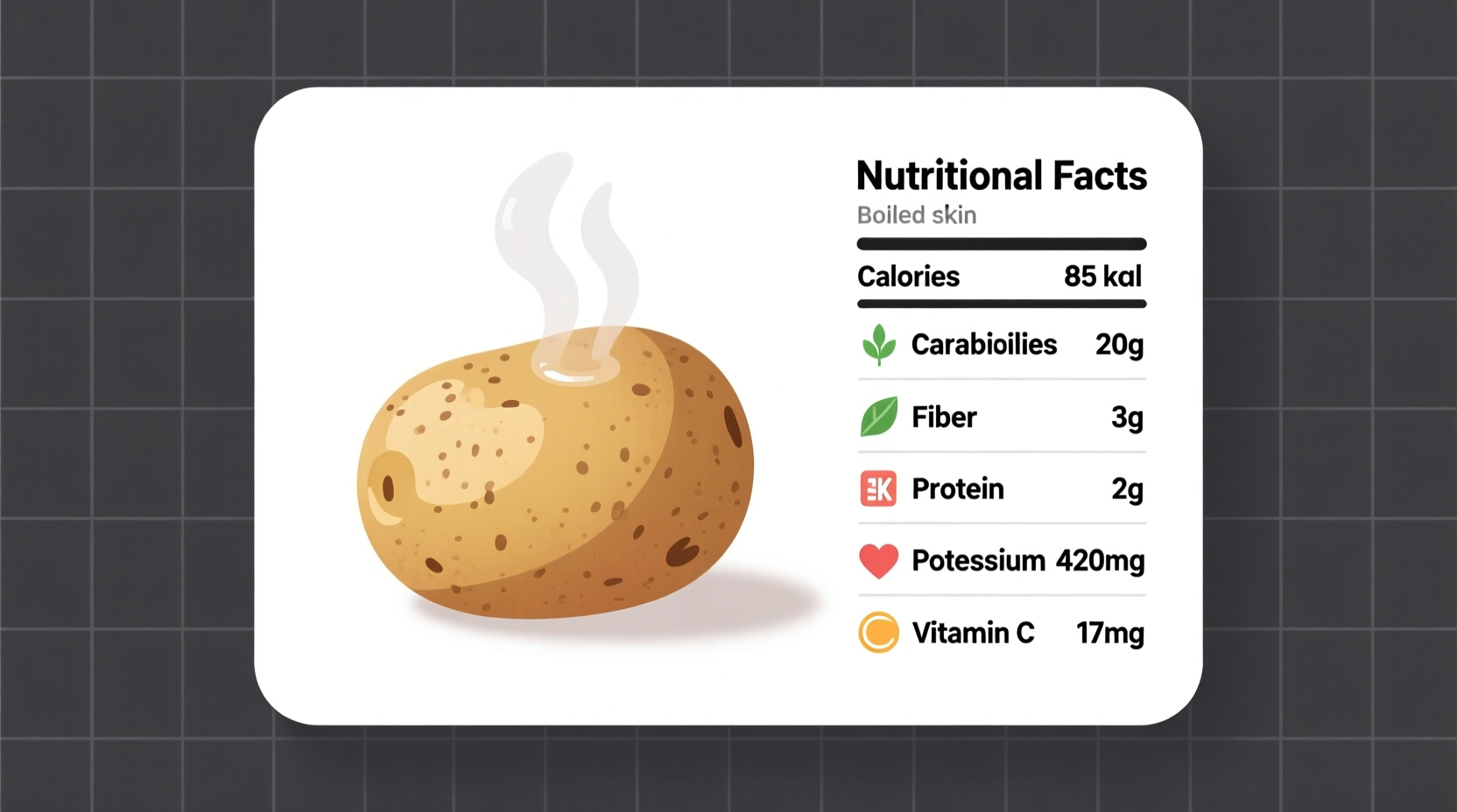 Nutrition facts of small boiled potato with skin