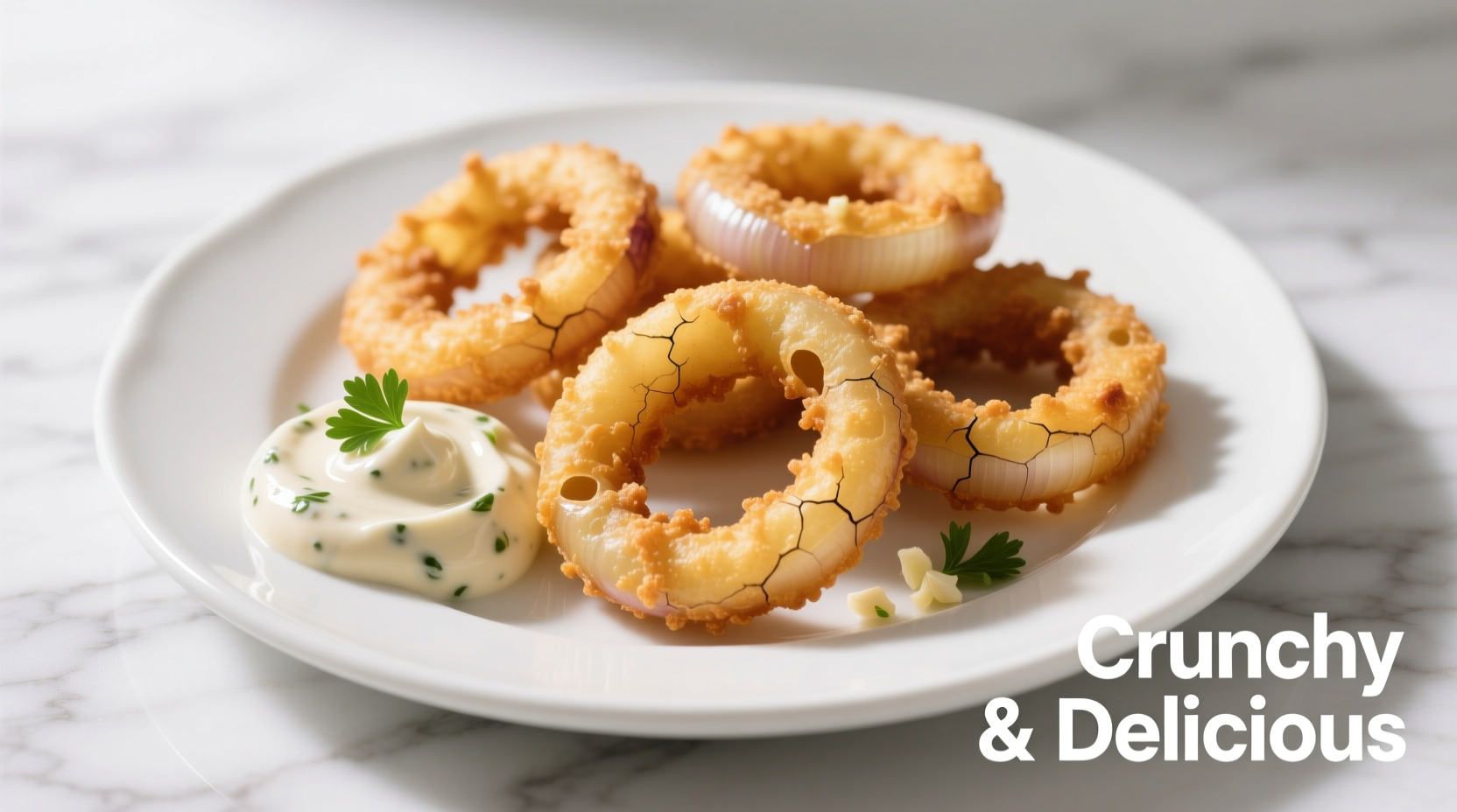 Golden brown onion rings with dipping sauce on white plate