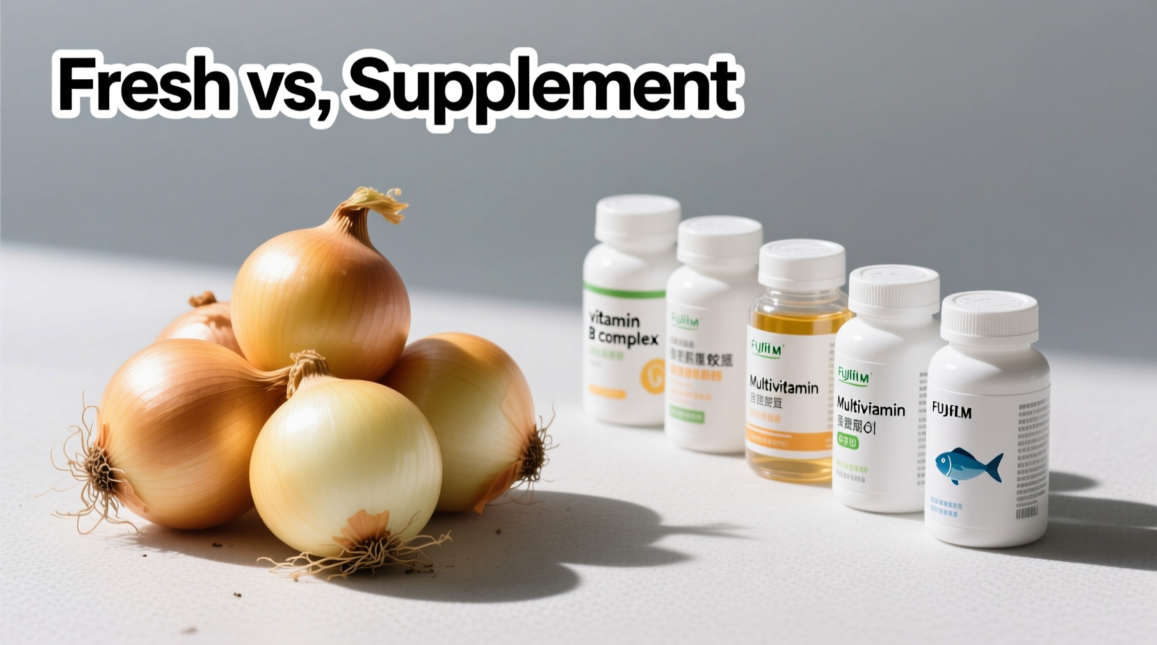 Fresh onions versus supplement bottles comparison