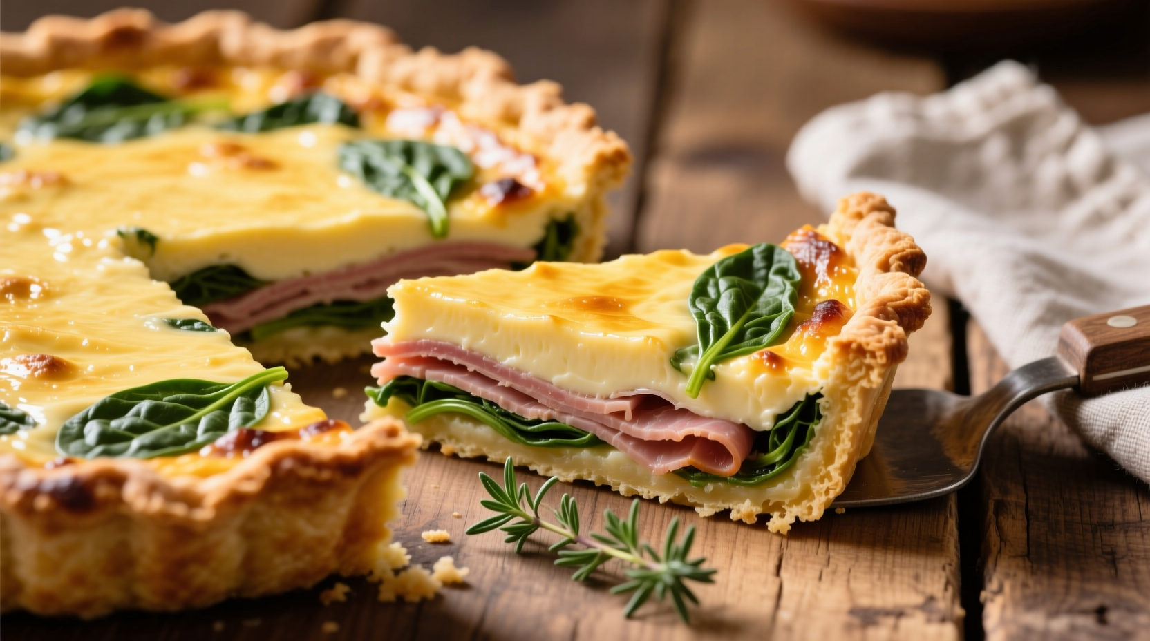 Golden spinach ham quiche Lorraine with visible layers of custard and ham