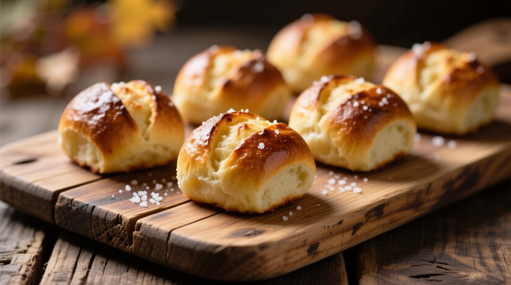 Golden brown potato rolls arranged on a rustic wooden board