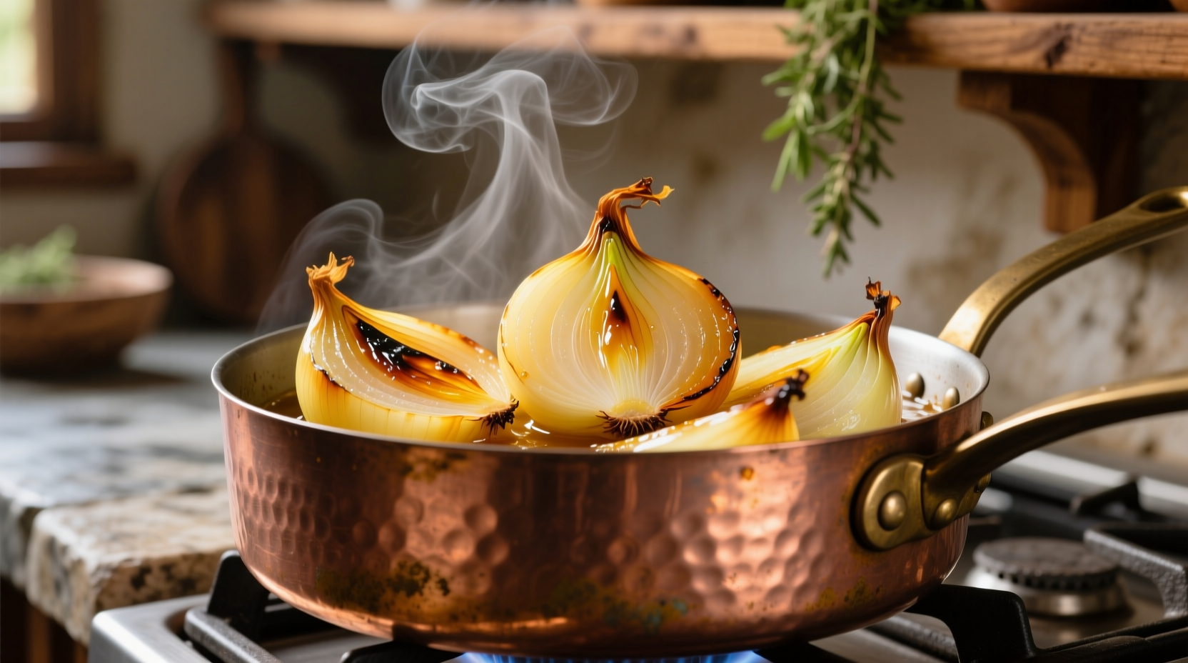 Yellow onions caramelizing in a copper pot