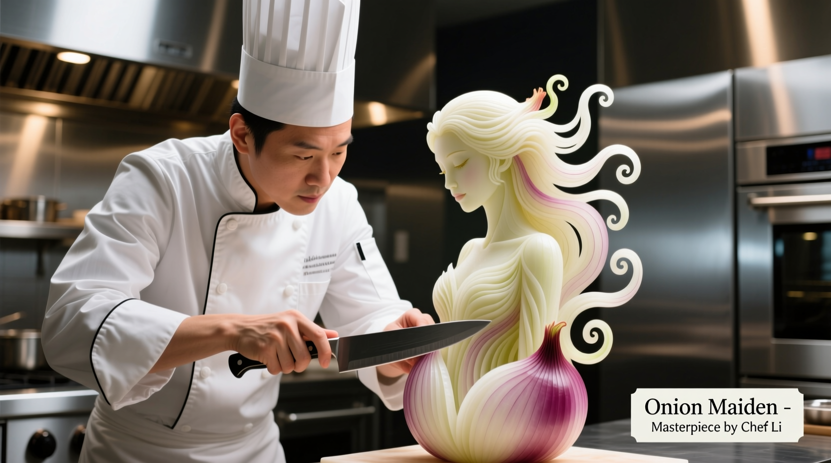 Professional chef creating onion maiden carving