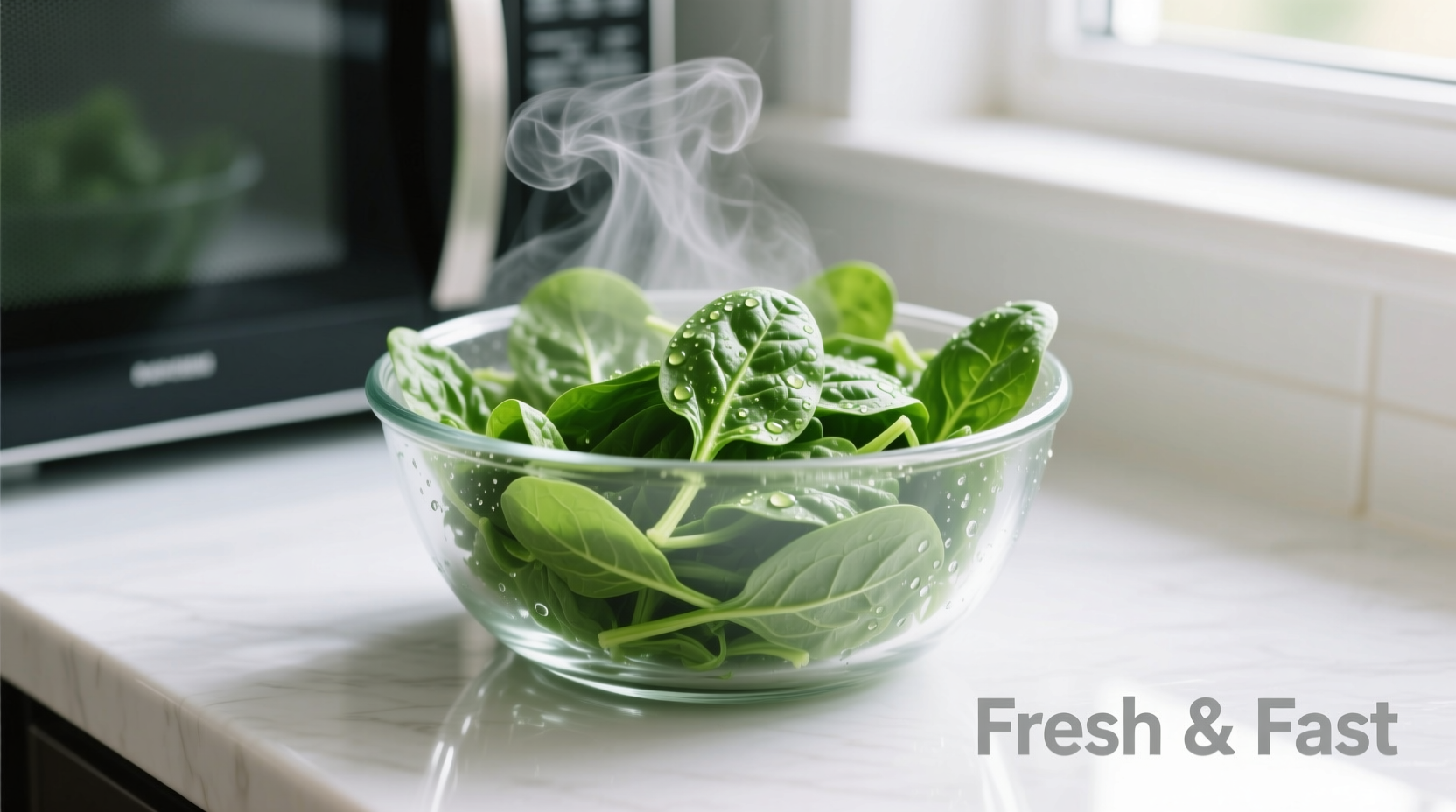 Fresh spinach cooking in microwave-safe bowl